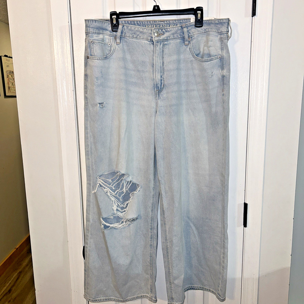 American Eagle Blue Super High Rise Baggy Wide Leg Ankle Jeans Size 16 DS